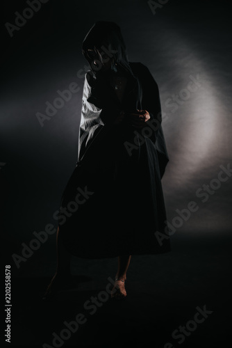 Фотография A hooded figure stands cloaked in darkness with features obscured by shadow