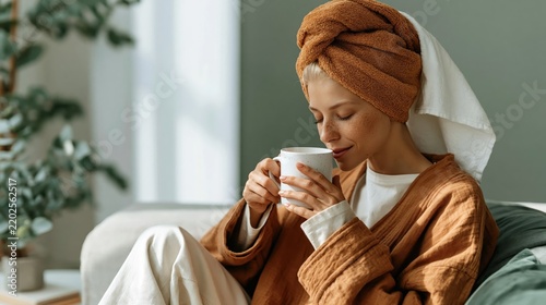 A woman with a towel on her head savors a warm drink in a cozy indoor setting, reflecting a moment of relaxation and comfort in her daily routine.
