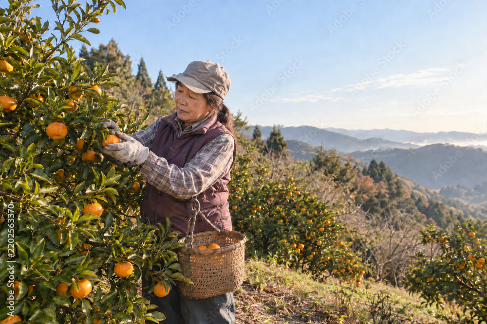 Fototapeta premium Japanese Farmer Harvesting Satsuma Mandarins
