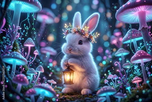 Magical White Bunny with Glowing Lantern in Mushroom Forest