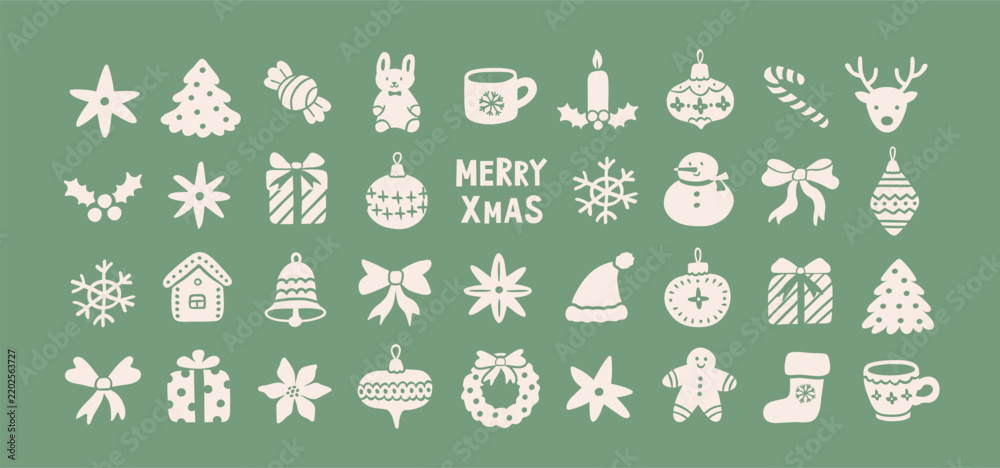 Fototapeta premium Set of hand drawn vintage Christmas decorative icons. Xmas holiday graphic elements. Cute Christmas tree, snowman, candy, gift, bow, deer, snowflake, winter decoration. Vector illustration.