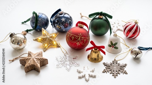 Golden Christmas Ornaments and Gift Boxes with Red Ribbon Isolated on White Background for Holiday Celebration and Winter Decor
