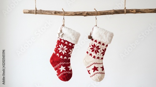 Christmas stockings hanging on a clothesline, festive red holiday socks and gifts, winter seasonal decoration, isolated illustration for Xmas celebration