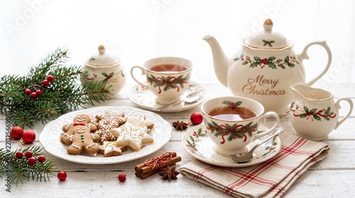 Christmas Table Setting with Festive Cookies, Teapot, Teacups, Coffee, Cake, Dessert and Sweet Snacks on a Cozy Holiday Dining Table