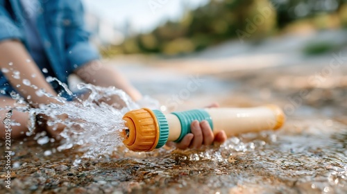 A child joyfully splashing water with a colorful hose in a natural setting, highlighting the innocence and exuberance of childhood moments filled with laughter and play.