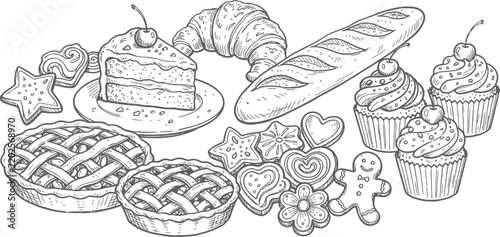 Bakery vector illustration with assorted sweets, pastries, cakes, pies, and breads in hand drawn sketch style