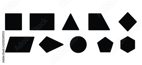 Set of basic geometric shape icons featuring square, rectangle, triangle, trapezoid, diamond, rhombus, parallelogram, kite, circle, pentagon, and hexagon. Clean flat vector illustration for mathematic