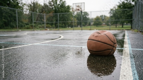 Deflated basketball on a wet outdoor court