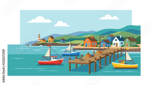 Coastal Village with Pier and Boats
