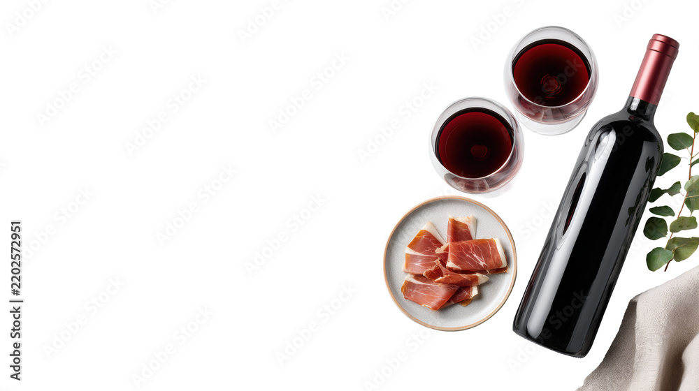Obraz premium Top view red wine bottle with two glasses and prosciutto plate isolated on transparent background