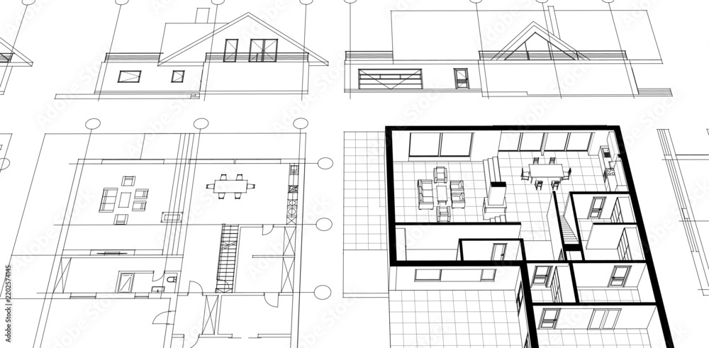 Fototapeta premium 3D illustration of a house plan with an attic