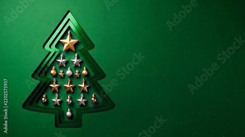 Green flat festive design with a Christmas tree with gold balls and stars ornaments.