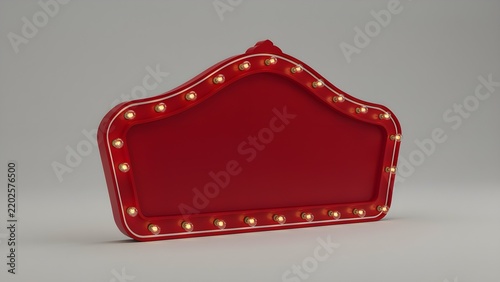 Red circus marquee sign with light bulbs isolated. Empty billboard mockup.