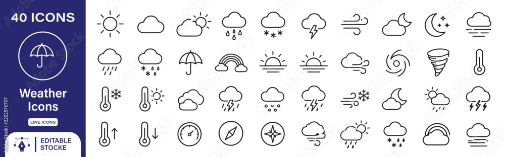 Obraz premium 40 Weather Vector Outline Icons Set – Weather Forecast, Climate, Storm, Rain, Snow, Wind and Temperature Line Symbols Collection