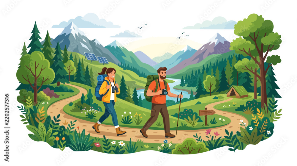 Obraz premium Happy Couple Hiking on a Mountain Trail with Backpacks and Scenic Nature Background Illustration