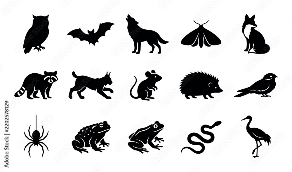 Fototapeta premium Nocturnal creatures vector icons with owl, bat and wolf howling for web design in silhouette style
