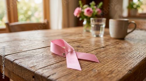 Pink ribbon for breast cancer awareness month on wooden table.