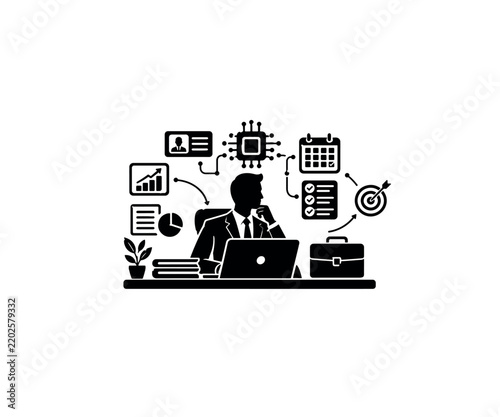 Business automation vector illustration with businessman, artificial intelligence chip, and workflow icons