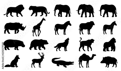 Canvas Print Black wild animal silhouette collection with safari wildlife vector icons