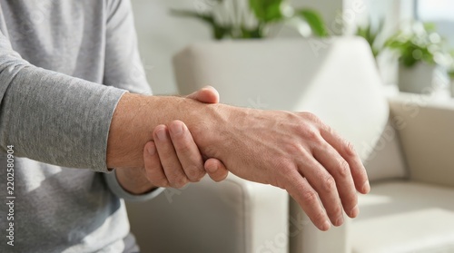 Wrist pain experienced by an adult person holding their sore joint indoors.