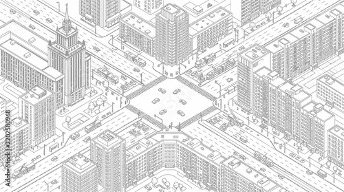 Isometric view of a city intersection with buildings, roads, and trees in a minimalist line art style.