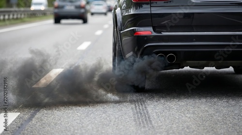 Black car emitting thick exhaust fumes on highway roadway