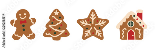 Christmas Gingerbread Cookie Variations Set, Man, Tree, Snowflake and House