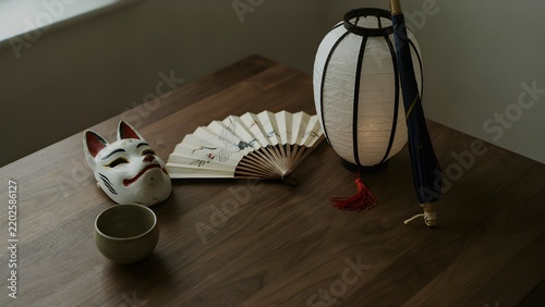 Traditional Japanese cultural items set with fox mask fan lantern umbrella