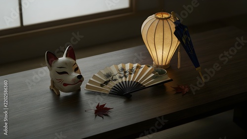 Traditional Japanese cultural items set with fox mask fan lantern umbrella