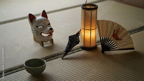 Traditional Japanese cultural items set with fox mask fan lantern umbrella