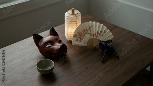 Traditional Japanese cultural items set with fox mask fan lantern umbrella