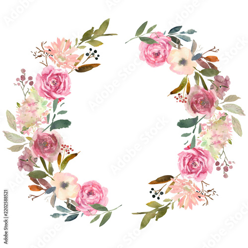 Watercolor pink rose floral wreath frame arrangement with green leaves