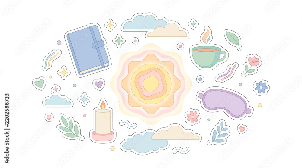 Fototapeta premium Cute pastel lifestyle sticker sheet with journal notebook, coffee cup, and cozy aesthetic elements for graphic design and minimal user interface design projects