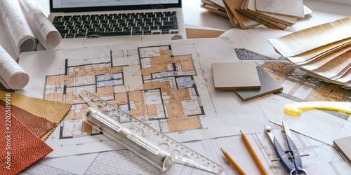 architect Eco retrofit planning with blueprints, material swatches and finish samples, sustainable renovation budget and healthy material selection concept for honest architectural design.