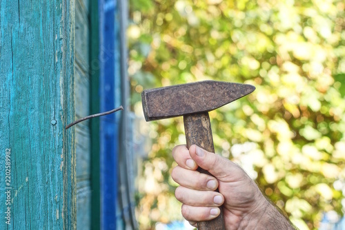 A one brown hammer in a workers hand drives a crooked nail into a green wooden board on a wall on a summer street