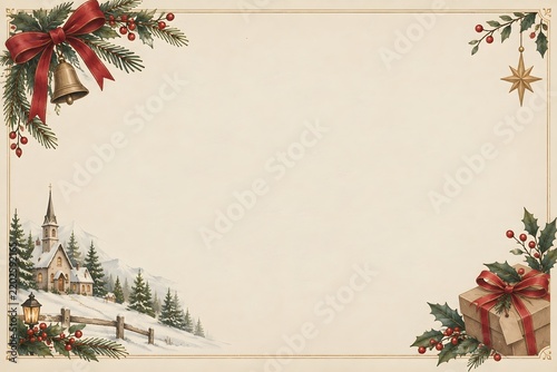 Vintage Christmas card with bells, holly, and decorative border