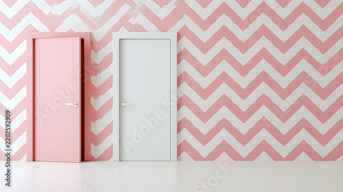 Pink and white doors stand against a zigzag patterned wall in a minimalist setting