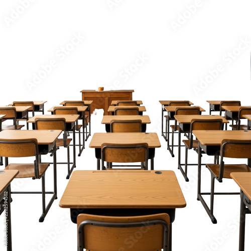 Multiple school desks in classroom setting.