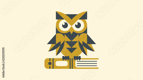 Wise owl perched on a vintage book as a geometric vector illustration created with flat colors for modern educational graphic design