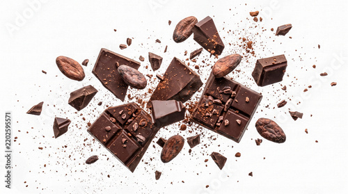 Broken dark chocolate bar pieces with raw cacao beans isolated on white background.