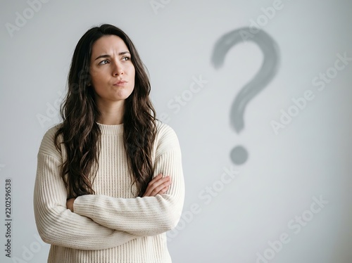 Confused young woman in beige knitted sweater stands with arms crossed looking towards hand painted grey question mark on wall as she ponders a difficult decision.