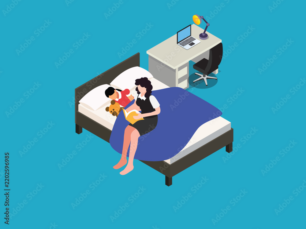 Obraz premium Mother Reading Bedtime Story to Child 3d isometric vector illustration