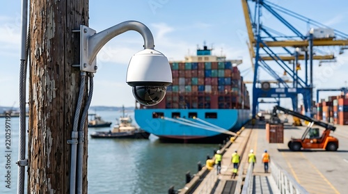 Security camera monitoring maritime port operations with large container ship and cargo cranes in background under blue sky.