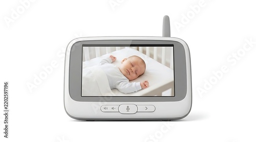 Baby monitor showing sleeping newborn on bed