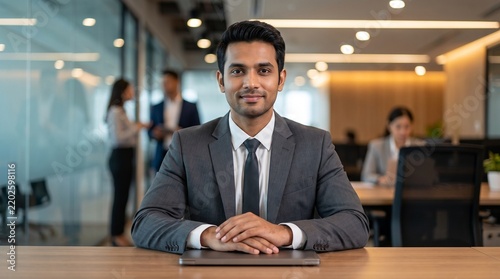 Professional young indian businessman in a suit sitting at a desk in a modern office with colleagues working in the blurred background