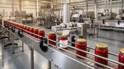 Production line with jars of red sauce being processed in factory