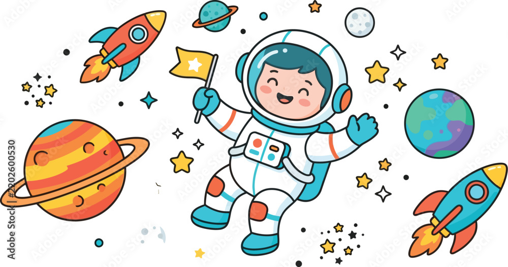 Fototapeta premium Cute Astronaut Exploring Space and Planets Illustration