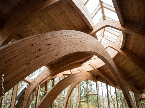 Interior low-angle shot looking up at intersecting curved mass timber arches and wooden roof paneling beneath clear skylights and glass window walls overlooking a forest with nobody present.  