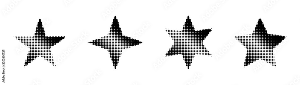Obraz premium Assorted halftone dot stars with four, six and seven points, black grainy sparkle shapes on white background
