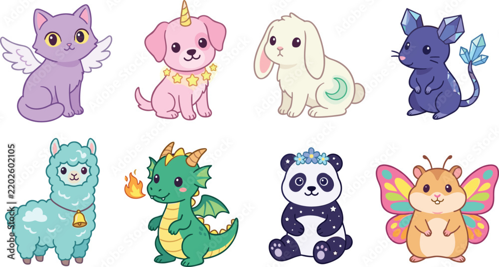 Fototapeta premium Cute Fantasy Animals Vector Character Set with Winged Cat Unicorn Puppy Celestial Rabbit Crystal Mouse Alpaca Dragon Space Panda and Butterfly Hamster